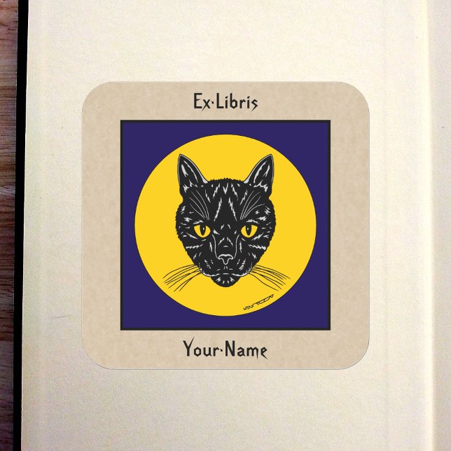 Adesivo Quadrado Ex libris de Gato Preto (Black Cat Face Bookplate in Old Book)