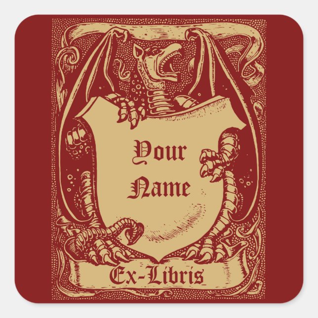 Adesivo Quadrado Ex-Libris Dragão Medieval Com Modelo de Escudo (Frente)