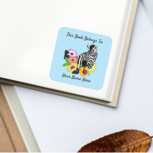 Adesivo Quadrado Ex-libris Floral Colorido Zebra Azul Margarida