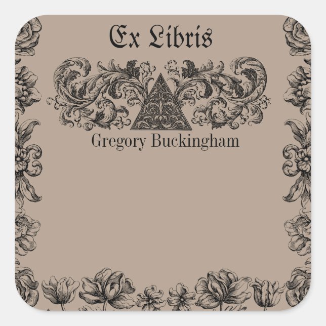 Adesivo Quadrado Ex Libris Flourish Line Art Bookplate (Frente)