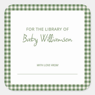Adesivo Quadrado Ex-libris Fofo de Xadrez Gingham Verde para Chá de