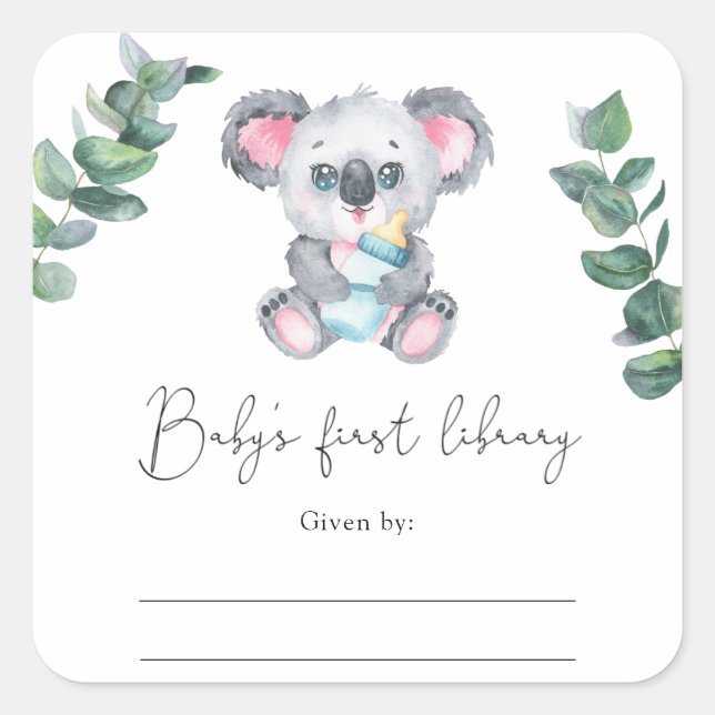Adesivo Quadrado Ex-libris para chá de bebê do ursinho koala (Frente)
