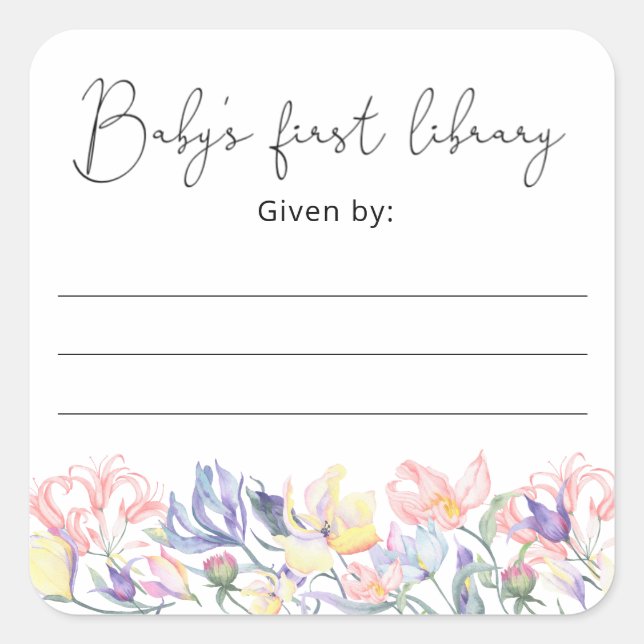Adesivo Quadrado Ex libris para chá de bebê Wildflowers, livros par (Frente)