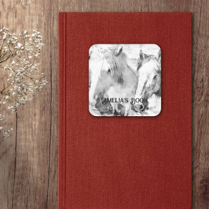Adesivo Quadrado Ex Libris Personalizado Cavalos Brancos