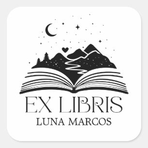 Adesivo Quadrado Ex Libris Personalizado com um Livro e Coração de