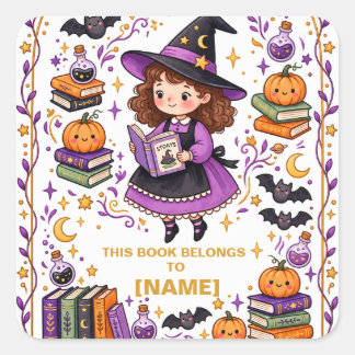 Adesivo Quadrado Ex-libris personalizado de bruxa de Halloween para