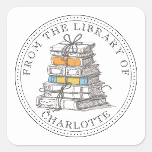 Adesivo Quadrado Ex-libris Personalizado de Pacote de Livros Ilustr