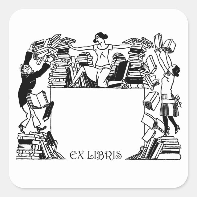 Adesivo Quadrado Ex Libris Stacking Books Bookplate Sticker (Frente)