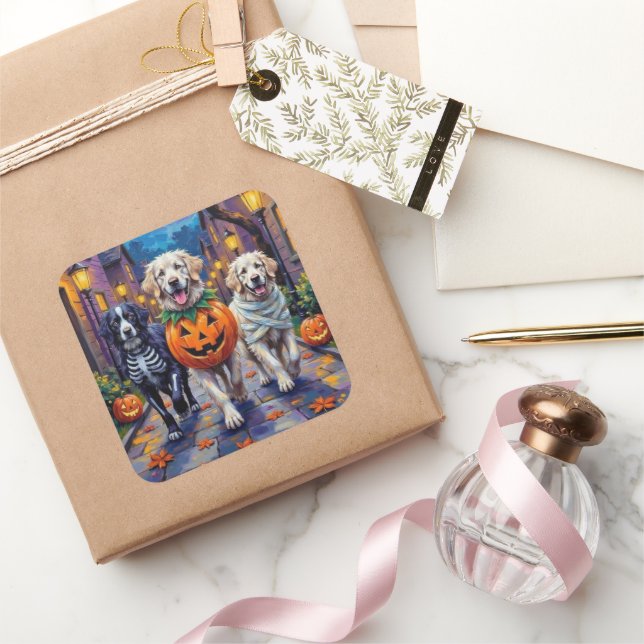 Adesivo Quadrado Excelente Pirenéus Trick-or-Tratating Halloween Co (Presentear)