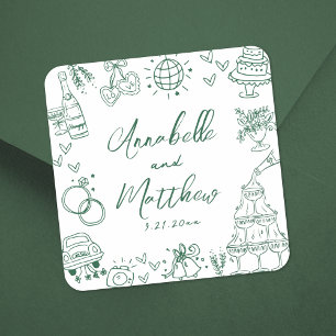 Adesivo Quadrado Excêntrico Desenho à Mão Esmeralda Verde Casamento