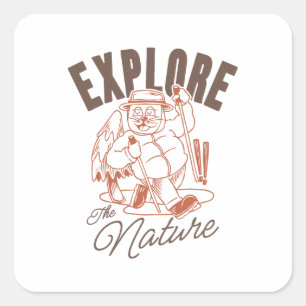 Adesivo Quadrado Explore A Natureza - Vintage Cat Hiker