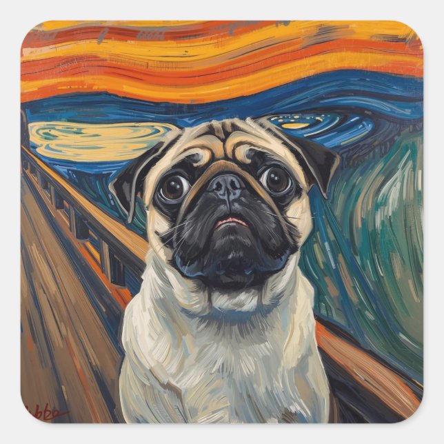 Adesivo Quadrado Expressionist Angst Painting–Inspired Pug Art (Frente)