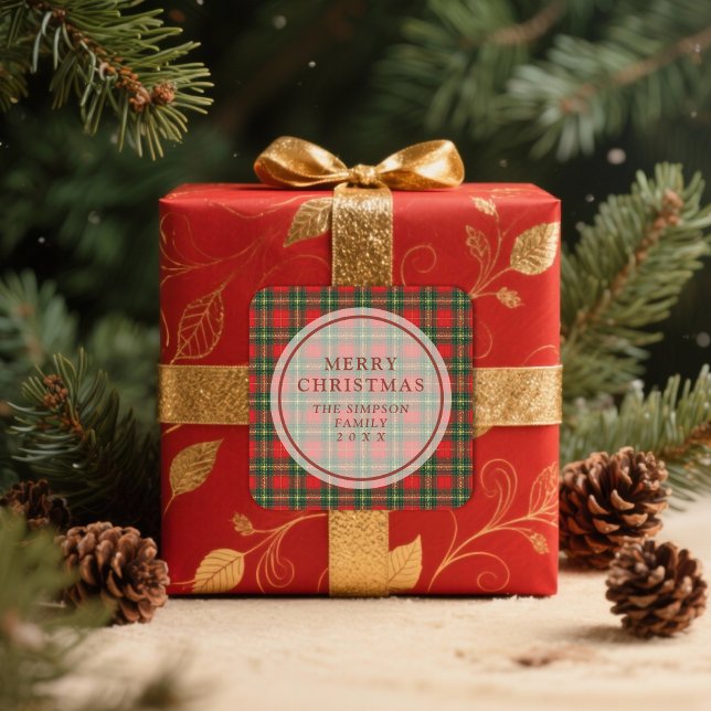 Adesivo Quadrado Exquisite Classic Festive Christmas Red Tartan (Exquisite Classic Festive Christmas Red Tartan Stickers.)