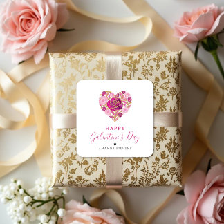Adesivo Quadrado Exquisite Pink Floral Heart Galentine's Day Party 