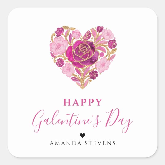 Adesivo Quadrado Exquisite Pink Floral Heart Galentine's Day Party  (Frente)