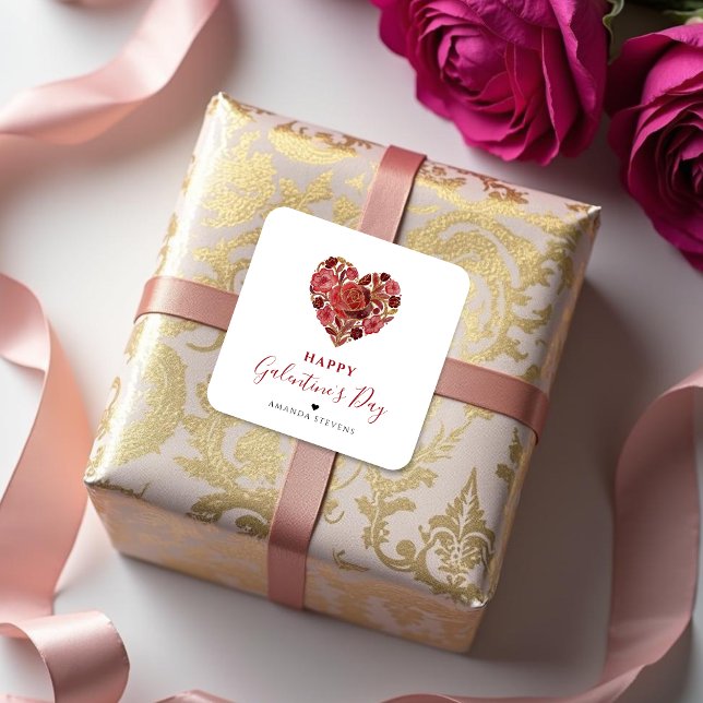 Adesivo Quadrado Exquisite Red Floral Heart Galentine's Day Party  (Exquisite Floral Heart Galentine's Day Party Square Stickers for Your Best Friends in Red Shades.)