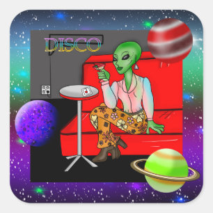 Adesivo Quadrado Extraterrestre Retro de 1970 em Disco Lounge