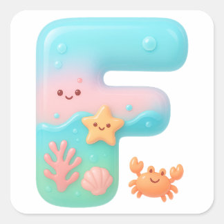 Adesivo Quadrado "F" Cute Bubble Letter - Underwater Sea Creature A
