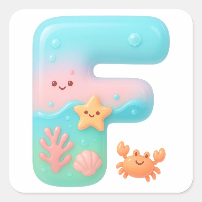 Adesivo Quadrado "F" Cute Bubble Letter - Underwater Sea Creature A (Frente)