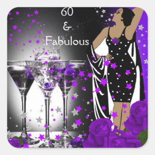 Adesivo Quadrado Fabuloso 60 Aniversário de 60 anos Rosas Roxas Mar