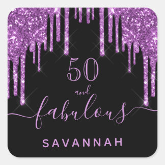 Adesivo Quadrado Fabuloso aniversário, preto, brilho roxo elegante