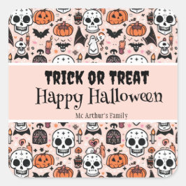 Adesivo Quadrado Faça um Trick do Halloween rosa ou trate o nome da