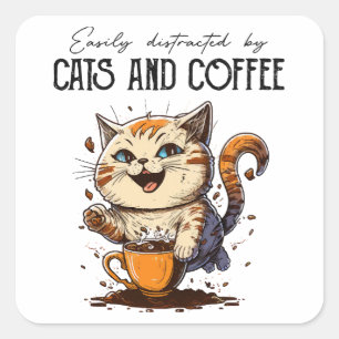 Adesivo Quadrado Facilmente Distraído Por Gatos E Café Amantes De G