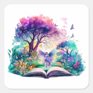 Adesivo Quadrado Fada Amante de Livros de Fantasia