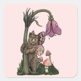 Adesivo Quadrado Fada Cinzenta Cinzenta Rosa Bonita com Urso Encant