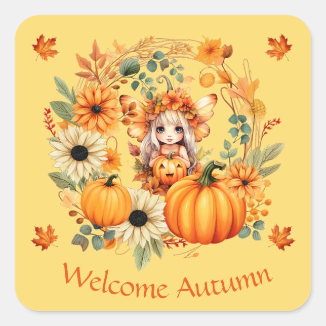 Adesivo Quadrado Fada de abóbora branca na coroa do outono (Frente)