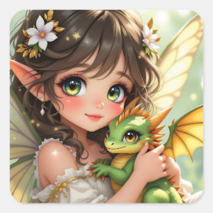 Adesivo Quadrado Fada de anime fofa e dragão Chibi
