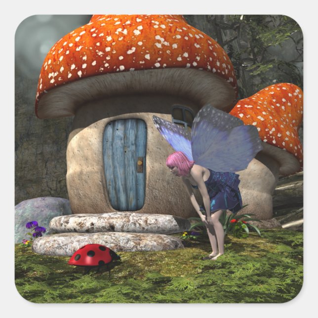 Adesivo Quadrado Fada De Cabelo Rosa Bonito Encontra-Se Com Ladybug (Frente)