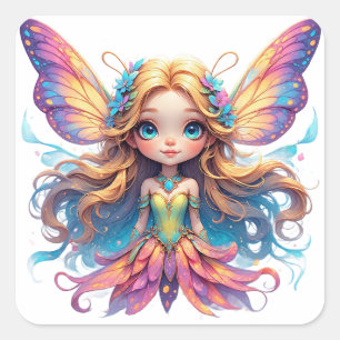 Adesivo Quadrado Fada de Fantasia Encantadora com Asas Coloridas