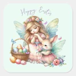 Adesivo Quadrado Fada de Primavera de Páscoa de de Aquarela