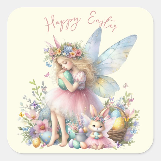 Adesivo Quadrado Fada de Primavera de Páscoa de de Aquarela (Frente)