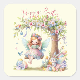 Adesivo Quadrado Fada de Primavera de Páscoa de de Aquarela