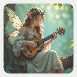 Adesivo Quadrado Fada Elfica Bonita Tocando Ukulele