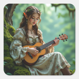 Adesivo Quadrado Fada Élfica Encantada Tocando Ukulele