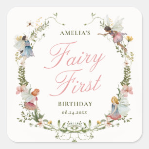 Adesivo Quadrado Fada Primeiro Vintage Floral Aniversário