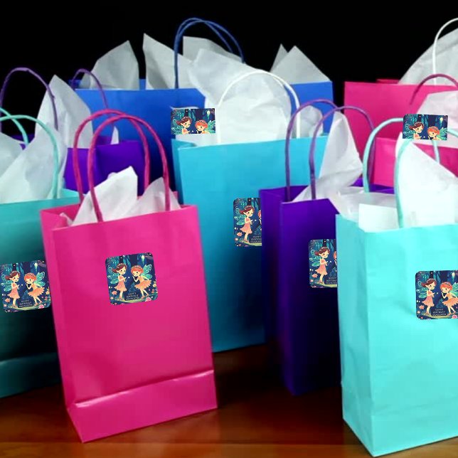 Adesivo Quadrado Fadas Jogando Na Floresta Encantada Aniversário (Party Bags)