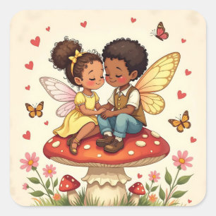 Adesivo Quadrado Fadas Lindas em Cogumelos Retro Vintage