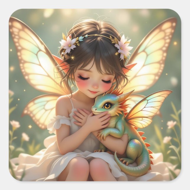 Adesivo Quadrado Fairy and Dragon | Chibi Anime Fairy Tale (Frente)