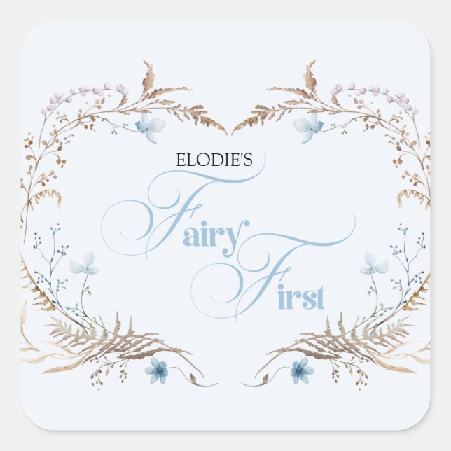 Adesivo Quadrado Fairy First Birthday Invitation | Elegant Blue  (Frente)