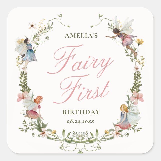 Adesivo Quadrado Fairy First Vintage Floral Birthday (Frente)