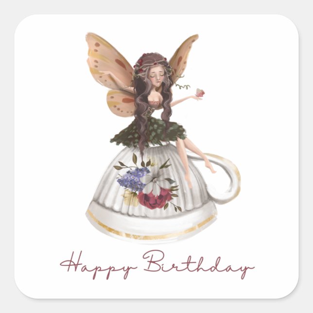 Adesivo Quadrado Fairy Happy Birthday Stickers (Frente)