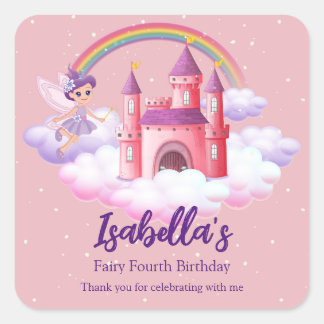 Adesivo Quadrado Fairy Kid's Birthday Fairytale Castle Rainbow 