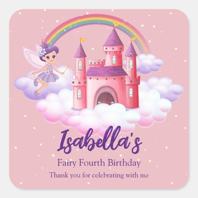 Adesivo Quadrado Fairy Kid's Birthday Fairytale Castle Rainbow  (Frente)