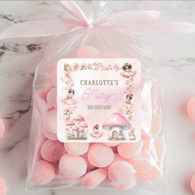 Adesivo Quadrado Fairy Mushroom House Pink Birthday (Criador carregado)
