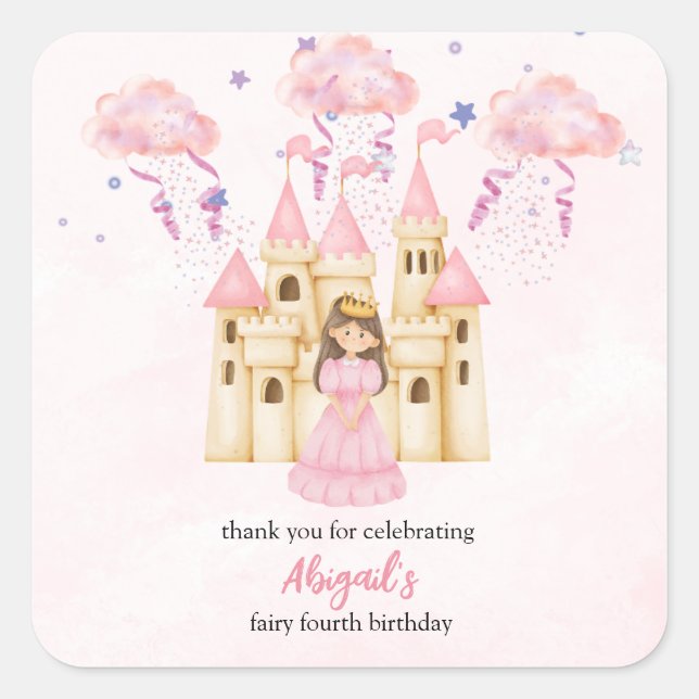 Adesivo Quadrado Fairytale Pink Castle Princess All Ages Birthday (Frente)