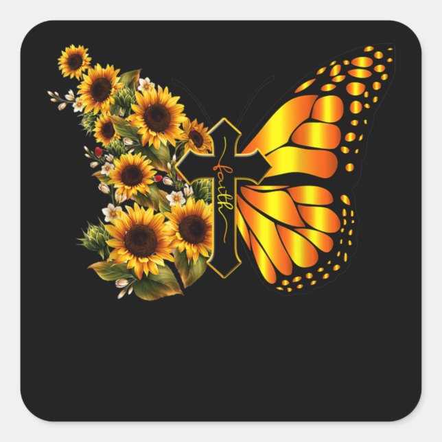 Adesivo Quadrado Faith Cross Sunflower Butterfly Christian (Frente)